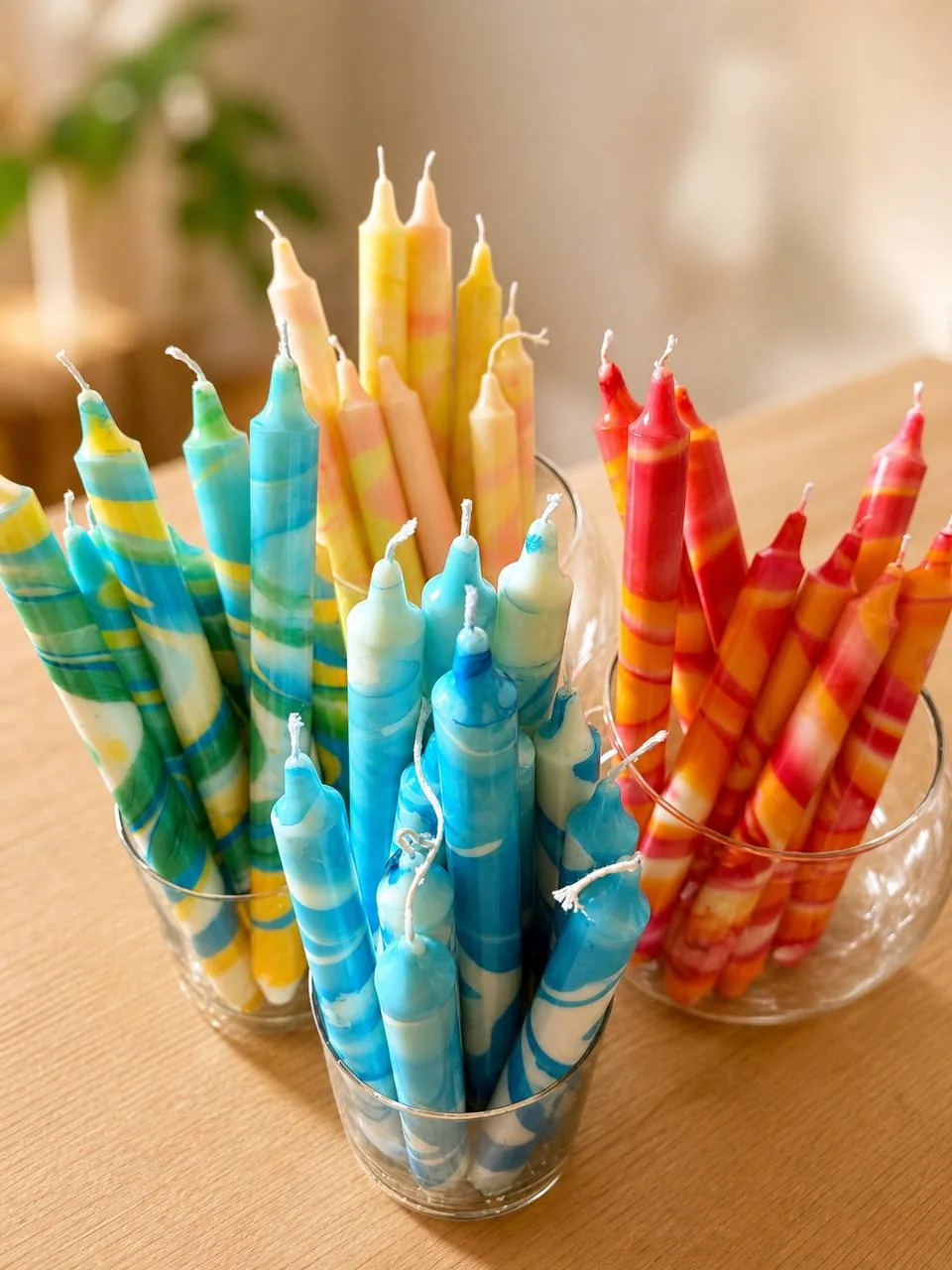 Conjunto de velas finas marmorizadas e coloridas